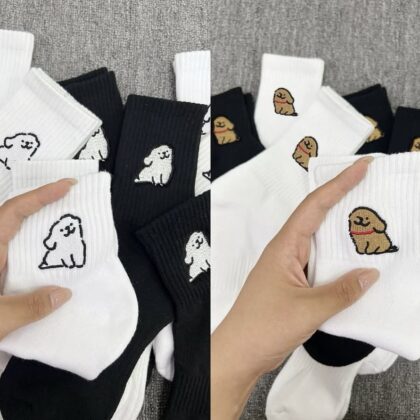 [預訂產品] 線條小狗白色中筒襪 襪子 線條小狗襪 刺繡 日常 Maltese